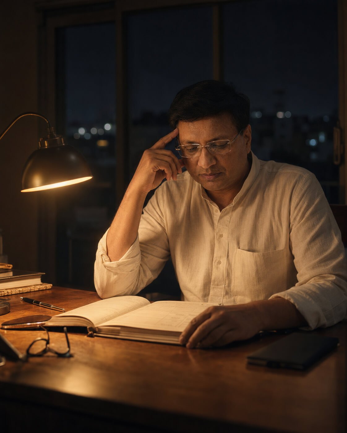 A business owner at his desk at night, in quiet reflection under a warm lamp